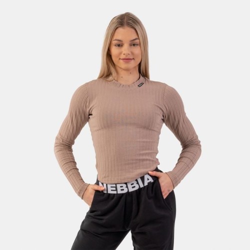 Dámske tričko Ribbed Long Sleeve Top Organic Cotton Brown - NEBBIA